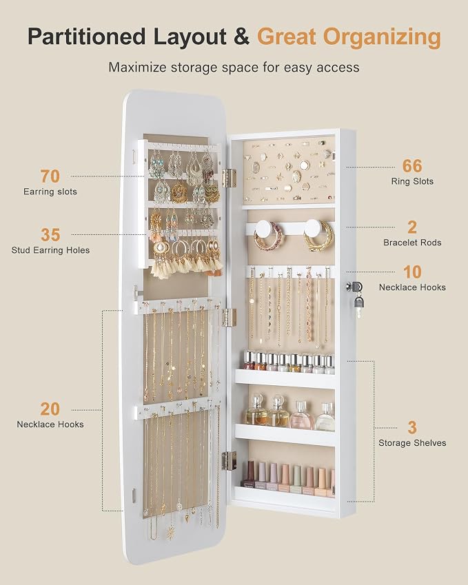 Nicetree Rounded Mirror Jewelry Cabinet, Lockable, Wall Mounted, Moon White | Hanging Jewelry Armoire Organizer, Rounded Armoire with Full Length Mirror, Wide Mirror with Storage, Gift Idea,Lock
