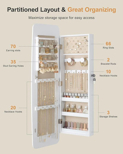 Nicetree Rounded Mirror Jewelry Cabinet, Lockable, Wall Mounted, Moon White | Hanging Jewelry Armoire Organizer, Rounded Armoire with Full Length Mirror, Wide Mirror with Storage, Gift Idea,Lock