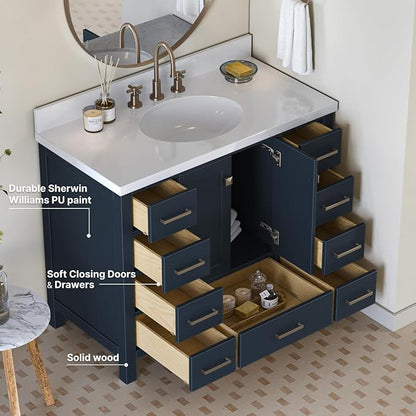 ARIEL Cambridge 42-inch Bathroom Vanity with Sink,Solid Wood, 1.5-inch Pure White Quartz Countertop & Backsplash, Single Oval Porcelain Sink, 2 Soft Closing Doors, 9 Dovetail Drawers, Midnight Blue