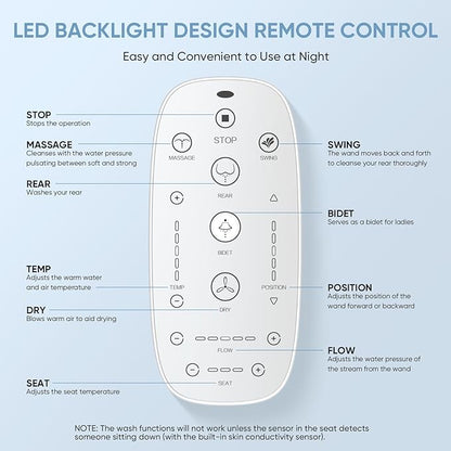 LEIVI Electric Bidet Toilet Seat with Wireless Remote and Side Panel, Multiple Spray Modes, Adjustable Heated Seat, Warm Water and Air Dryer, Auto LED Nightlight, Round
