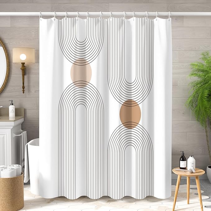 Mid Century Shower Curtain for Bathroom, Boho Sun Rainbow Modern Minimalist Geometric Shower Curtain, Abstract Arch Lines Modern Aesthetic Bathroom Decor Curtain Sets 72x72 inch