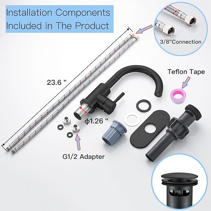 Matte Black Bathroom Sink Faucet Single Hole, Modern Single Handle Bathroom Faucet Commercial Stainless Steel Bar Faucet Laundry Sink Faucet with Drain