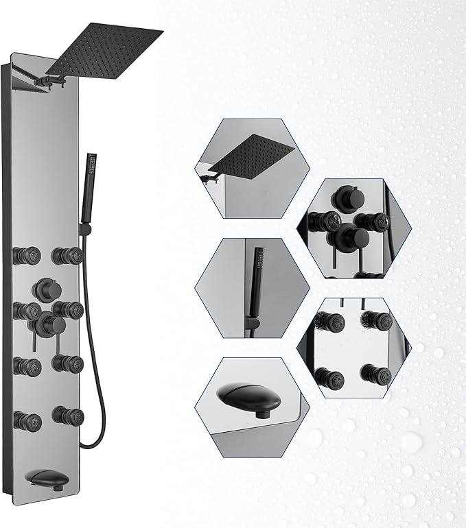 BWE Stainless Steel Shower Panel Tower System,Multi-Function Tempered Glass Shower Panel,Rainfall Shower Head Sprayer 8-Massage Jets with Tub Spout Hand Shower for Home Hotel Resort Split Type Black
