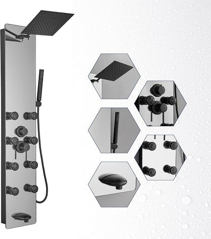 BWE Stainless Steel Shower Panel Tower System,Multi-Function Tempered Glass Shower Panel,Rainfall Shower Head Sprayer 8-Massage Jets with Tub Spout Hand Shower for Home Hotel Resort Split Type Black