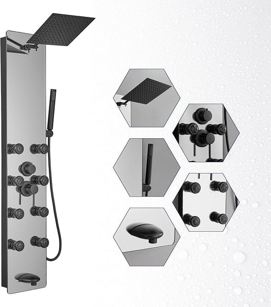 BWE Stainless Steel Shower Panel Tower System,Multi-Function Tempered Glass Shower Panel,Rainfall Shower Head Sprayer 8-Massage Jets with Tub Spout Hand Shower for Home Hotel Resort Split Type Black