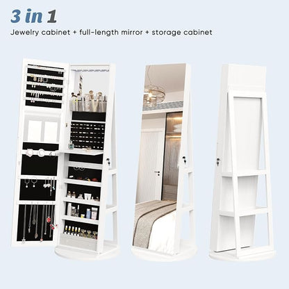 DUMOS 6 LEDs Standing Jewelry Armoire Cabinet, Full Length Mirror, Lockable | 360° Swivel, Jewelry Organizer and Storage, Build-in Mirror, Foldable Makeup Tray, Additional Storage Shelf, White