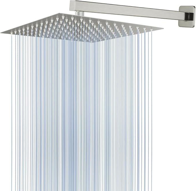 Voolan All Metal Shower Head with Extension Arm, Stainless Steel Waterfall Rainfall Showerheads, High Flow Bathroom Square Rain Shower Head (12’’ Shower Head with 16’’ Shower Arm, Brushed Nickel)