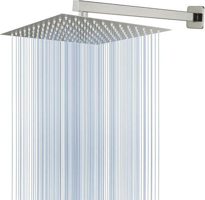 Voolan All Metal Shower Head with Extension Arm, Stainless Steel Waterfall Rainfall Showerheads, High Flow Bathroom Square Rain Shower Head (12’’ Shower Head with 16’’ Shower Arm, Brushed Nickel)