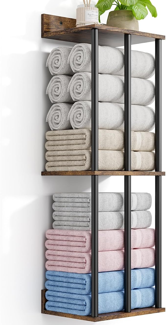 Towel Racks for Bathroom Wall Mounted with Wooden Storage Shelf | Updated 3 Bar Metal Towel Holder for Rolled Towels, Sturdy and Large Capacity, Towel Storage Organizer