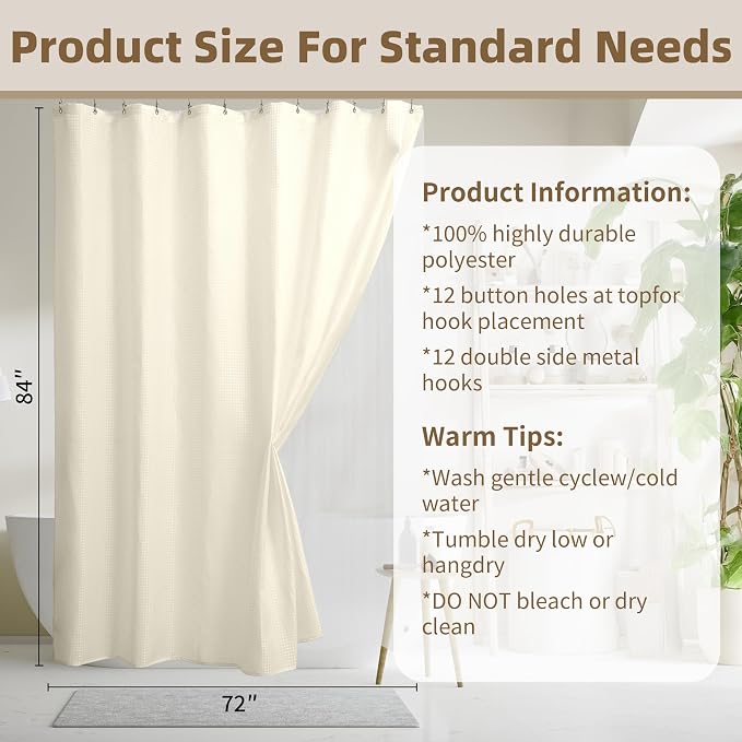 Siiluminisoy Shower Curtain and Liner Set, Waffle Shower Curtain Set with 12 Stainless Steel Hooks, Waterproof Luxury Fabric Shower Curtains for Bathroom and Hotel, Cream, 72" W x 84" H