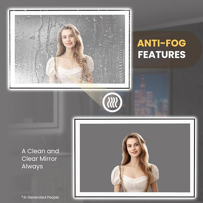 LOAAO 55"X36" LED Bathroom Mirror Black Framed | Anti-Fog, Dimmable, Memory Function, Tempered Glass, Lighted Vanity Mirror for Wall