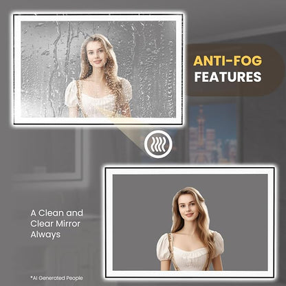 LOAAO 55"X36" LED Bathroom Mirror Black Framed | Anti-Fog, Dimmable, Memory Function, Tempered Glass, Lighted Vanity Mirror for Wall