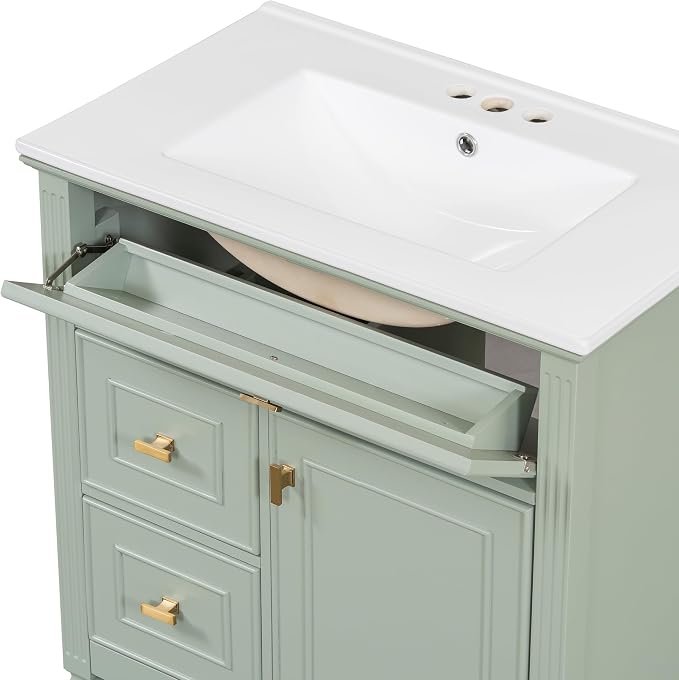 30" Bathroom Vanity with Ceramic Sink, Undermount Single Basin Bath Vanity Set w/1 Flip-Up & 2 Drawers,Modern Freestanding Storage Cabinet w/Adjustable Shelf,Solid Wood Frame,Green