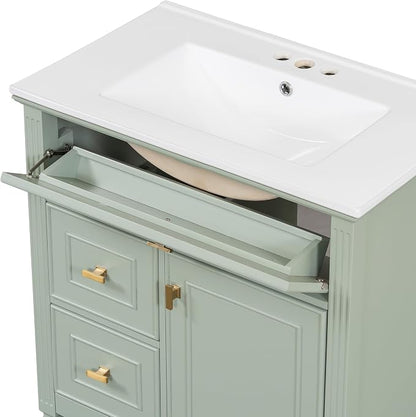 30" Bathroom Vanity with Ceramic Sink, Undermount Single Basin Bath Vanity Set w/1 Flip-Up & 2 Drawers,Modern Freestanding Storage Cabinet w/Adjustable Shelf,Solid Wood Frame,Green