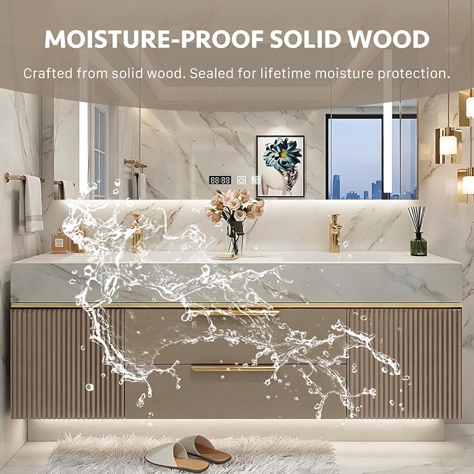 88 Inch Floating Bathroom Vanity with Double Sink, Khaki | Smart LED Defog Medicine Cabinet, Sintered Stone Countertop, Solid Wood, 2 Soft-Close Doors & Drawers, Khaki