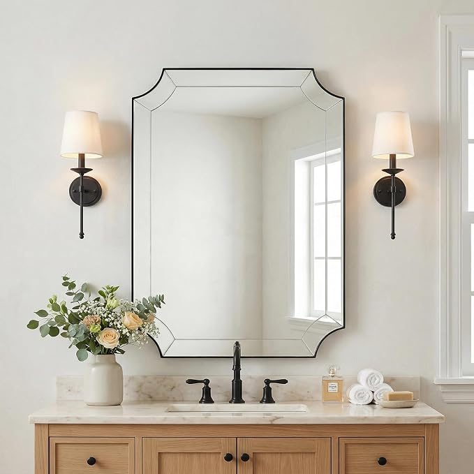 Bathroom Vanity Mirror, 24x32 Matte Black Rectangle Mirror with Scalloped Edge, Vintage Notched Corner Bathroom Mirror Metal Framed, Black Bathroom Mirror Ideal for Bathroom Remodel