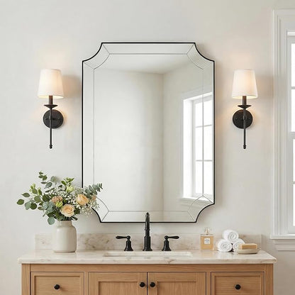 Bathroom Vanity Mirror, 24x32 Matte Black Rectangle Mirror with Scalloped Edge, Vintage Notched Corner Bathroom Mirror Metal Framed, Black Bathroom Mirror Ideal for Bathroom Remodel
