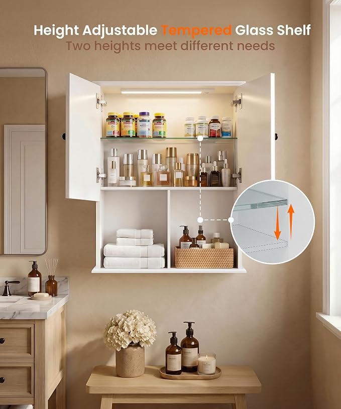 HAIOOU 23.6 inch Bathroom Wall Cabinet with Motion Sensor Light - White | Wall Mount Medicine Cabinet with Recessed Panel Doors, Adjustable Glass Shelf, Soft Close Hinges for Over the Toilet Storage