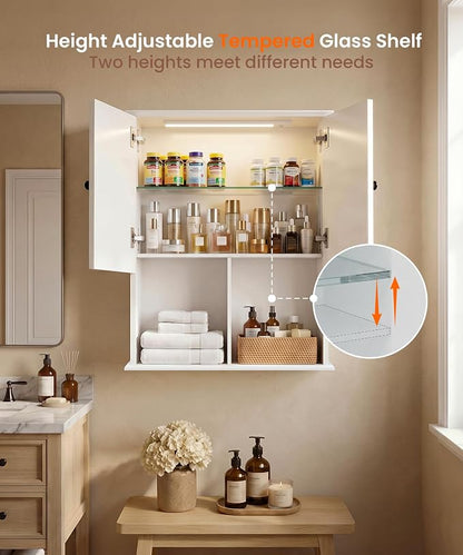 HAIOOU 23.6 inch Bathroom Wall Cabinet with Motion Sensor Light - White | Wall Mount Medicine Cabinet with Recessed Panel Doors, Adjustable Glass Shelf, Soft Close Hinges for Over the Toilet Storage