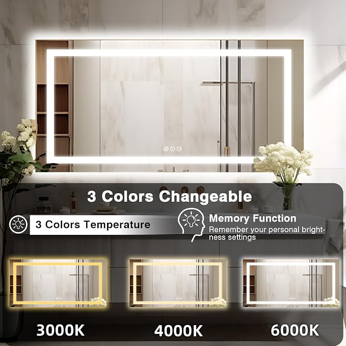 EchosLife 72"x40" Large LED Bathroom Mirror with Lights | Backlit + Front Lit, Anti-Fog, Stepless Dimmable, 3 Colors, Memory, Tempered Glass, UL Listed, Horizontal/Vertical