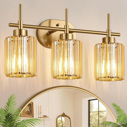 Modern Crystal Bathroom Light Fixtures Over Mirror, 3-Light Brushed Gold Bathroom Vanity Light with Amber Glass Shades, Modern Vanity Lights for Bathroom, E26 Base, Bulbs Not Included