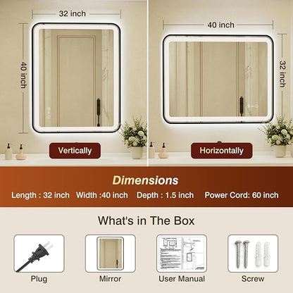 32x40 Inch Black Framed LED Bathroom Mirror with Lights,Smart Bathroom Mirror,Motion Sensor,Tempered Glass,Anti-Fog,Stepless Dimmable & 3 Colors,Memory,Vanity Mirror for Wall