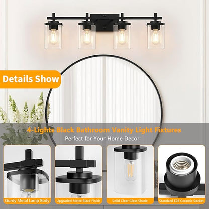 4-Lights Matte Black Bathroom Light Fixture, Modern Black Vanity Lights Over Mirror with Clear Glass Shade, Bathroom Wall Mounted Lamp for Mirror Living Room Hallway Cabinet