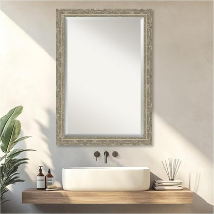 Amanti Art Silver Bathroom Mirror for Over Sink, 28x40 Filigree Silver Rectangle Vanity Mirror, Large Traditional Frame, Hangs Horizonally and Vertically, Bathroom Wall Decor, Beveled Edge