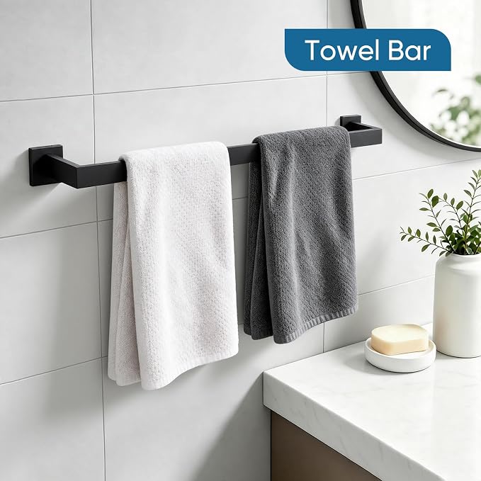 Mattle Black Towel Bar, SUS304 Stainless Steel Bathroom Hardware Set, Towel Racks for Bathroom Wall Mounted 24-Inches