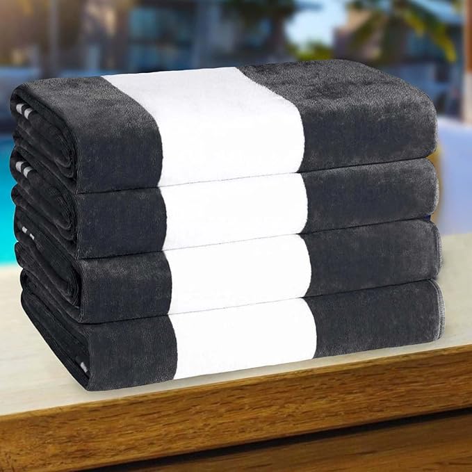 Superior Cotton Striped Beach Towels, Colorful Towels for Adult, Kid, Pool, Swimming, Sand, Travel, Large Oversized, Absorbent, Fast Drying, Bath Basics, Cabana Collection, Set of 4, Charcoal
