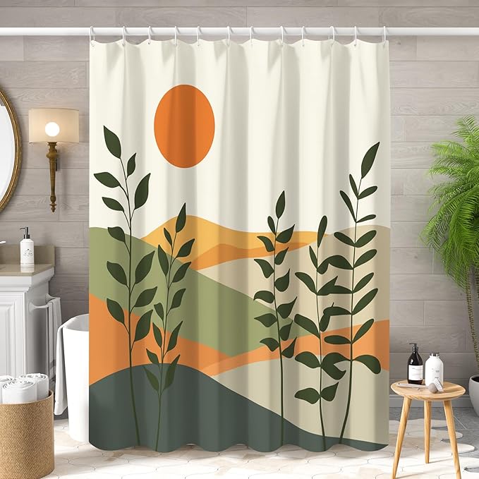 Boho Mid Century Shower Curtain for Bathroom Modern Abstract Sun Botanical Leaves Bath Curtain Neutral Minimalist Plant Waterproof Fabric Bathroom Decor Set with Hooks 72x72 inch