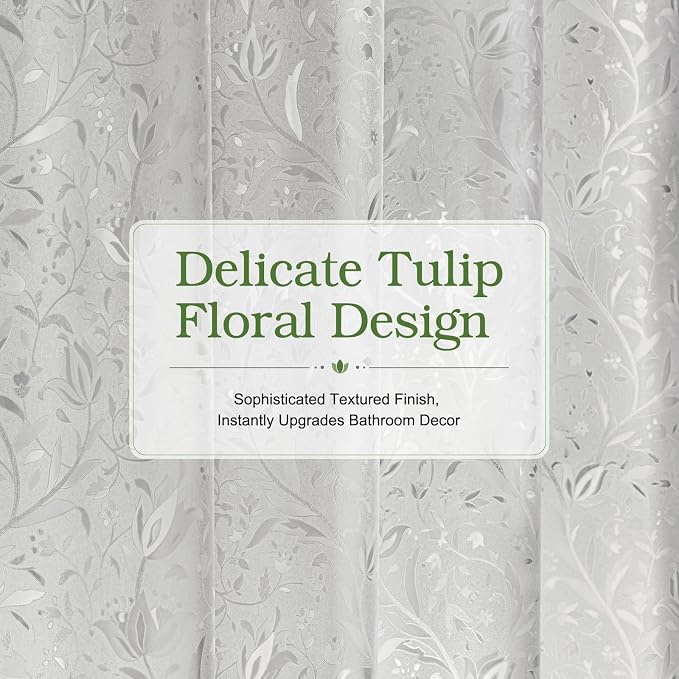 EurCross Frosted Clear Shower Curtain with Floral and Foliage Texture, Flexibility PVC-Free PEVA Botanical Design Shower Curtain Liner with 3 Heavy Duty Magnetic Magnets 72X72inch