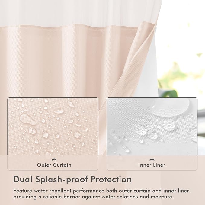 No Hook Shower Curtain with Snap-in Liner, Embossed Waffle Design Fabric Shower Curtain for Bathroom, Soft & Lightweight, 71x74, Pink