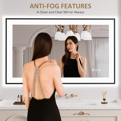 LOAAO 40"X24" LED Bathroom Mirror Black Framed | Anti-Fog, Dimmable, Memory Function, Tempered Glass, Lighted Vanity Mirror for Wall