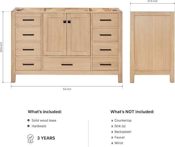 ARIEL Cambridge 54-inch Bathroom Vanity Base Cabinet,Solid Wood, 2 Soft Closing Doors, 9 Dovetail Drawers, White Oak