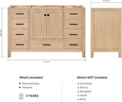 ARIEL Cambridge 54-inch Bathroom Vanity Base Cabinet,Solid Wood, 2 Soft Closing Doors, 9 Dovetail Drawers, White Oak