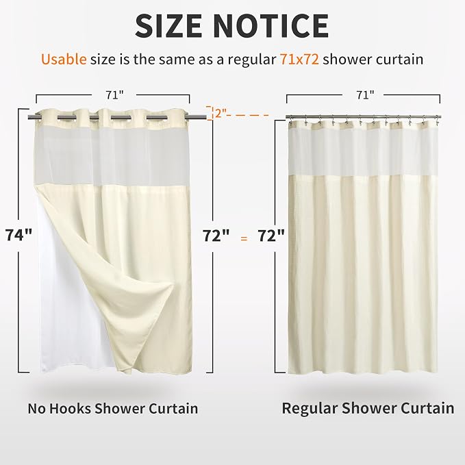 RiverDream Heavyweight Waffle No Hook Shower Curtain with Liner,Cream,71x74 | Dotted Waffle,Snap-in Liner,Heavy Duty,Quick Dry,Mesh Top Window,With Bottom Magnets,Hotel-Grade,Washable,Standard Size
