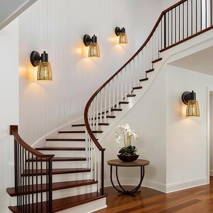 EJIAXIN Boho Rattan Wall Sconces Set of 2 - Vanity Lights for Bathroom Farmhouse Wall Light Fixtures with Rotary Switch - Black Indoor Wall Mount Lighting Rustic Lamp for Bedroom Living Room Hallway