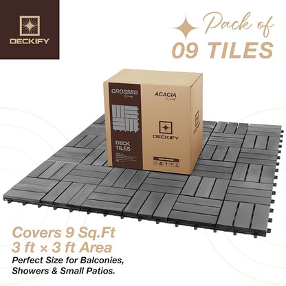 Acacia Interlocking Deck Tiles Outdoor Waterproof All Weather Grey Crossed | Raised Drainage Base, 12x12 In, Trimmable, Oil-Rubbed Finish, No Tools or Sealant Required, Weather-Resistant, Washable