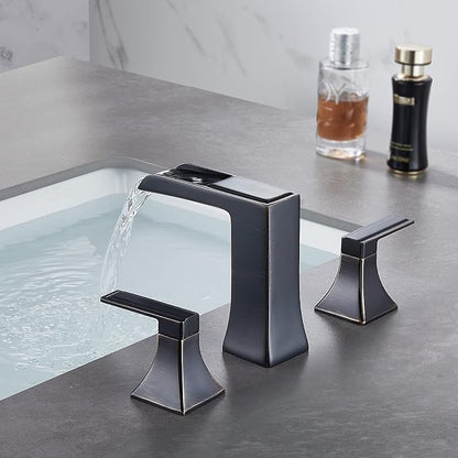 Oil Rubbed Bronze Bathroom Faucet, Sanliv 2-Handle Widespread Bathroom Faucet for 3-Hole Sinks 4-16 inch, Bronze Waterfall Vanity Faucet with Pop-Up Drain (ORB)