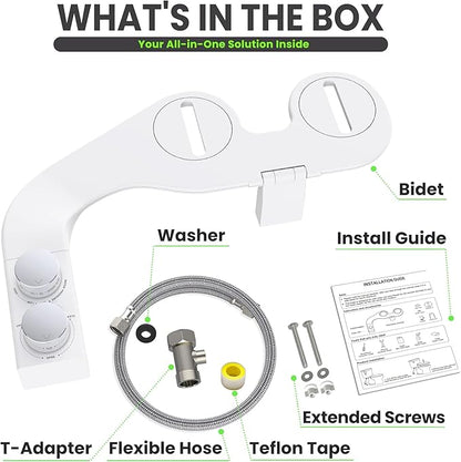 Toilet Bidet With Left/Right Side Reversible Design, Fresh Water, Non-Electric, Toilet Bidet Attachment, Right/Left Hand Side with Dual Nozzle, Self-Clean, Includes Extended Screws (Chrome)