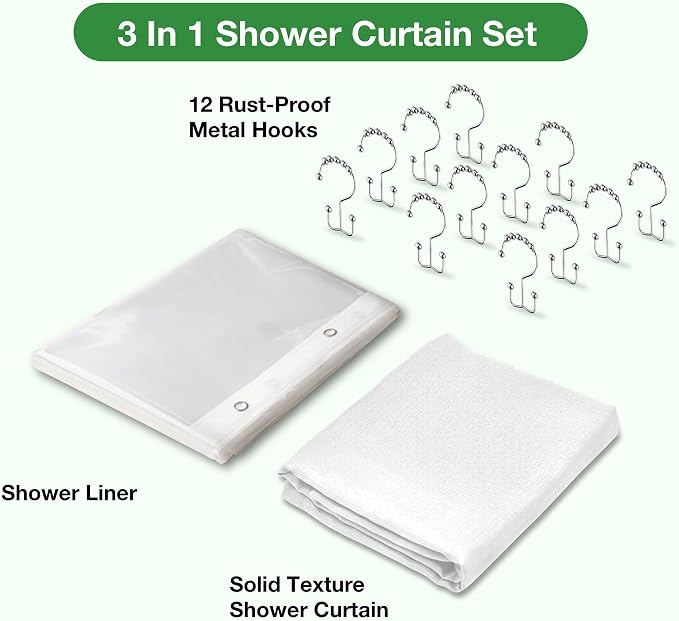 3 in 1 Shower Curtain Set, White Shower Curtain and Liner Set with 12 Double Sided Shower Curtain Hooks, Cloth Shower Curtains for Bathroom,Waterproof, 72" W*72" H
