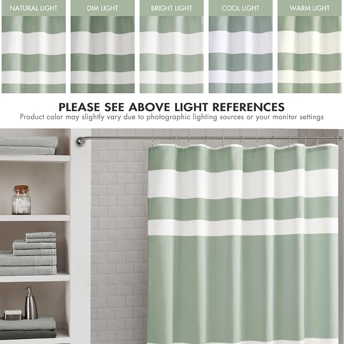 Madison Park Spa Waffle Weave Long Shower Curtain, 72 x 78, Sage Green | Striped, Pieced Fabric Design, 3M Scotchgard Moisture Management, Hotel Quality, Modern, for Bathroom, OEKO-TEX Certified