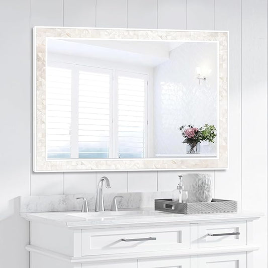 Tanmicoshomy White Shell Framed Rectangular Mirrors for Bathroom, 30x40 Inch Mirrors with Tempered Glass for Bedroom Living Room or Entryway, Wall Mounted Horizontal or Vertical Hanging