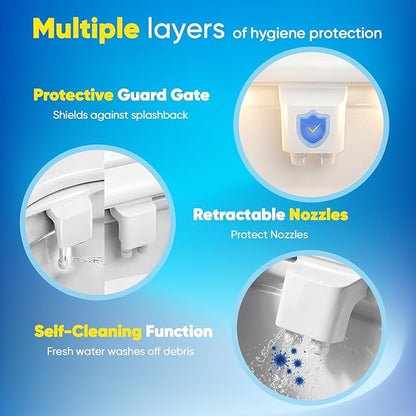 Ultra-Slim 3-in-1 Bidet Attachment for Toilet Seat, Non-Electric, Dual Retractable Nozzles (Posterior & Feminine), Self-Cleaning, Adjustable Water Pressure, Stainless-Steel Inlet, Easy DIY Install