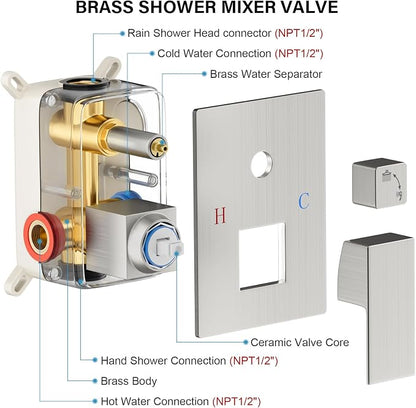 FPXRNG Shower Faucet Set Rainfall Shower System with Square Shower Head and Handle Set Rough-in Valve and Metal Trim Kit Included Brushed Nickel 10 Inch Wall Mounted Shower Fixtures
