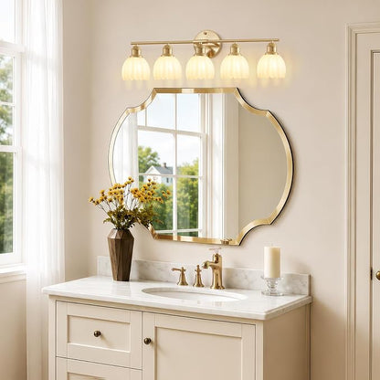 Bathroom Light Fixtures, 5-Light Brushed Gold Vanity Lights for Bathroom with White Tulip Glass Shade, 30" Vintage Bathroom Vanity Lighting Fixtures Over Mirror for Bedroom Living Room Hallway