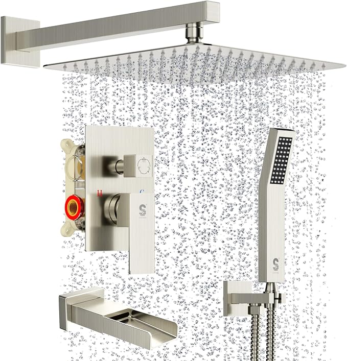 SR SUN RISE 12 Inch All Metal Square Shower System with Tub Spout, Tub Shower Faucet Set, High Pressure Rain Shower Head and Handheld Sprayer Shower Fixtues, Valve Included, Brushed Nickel