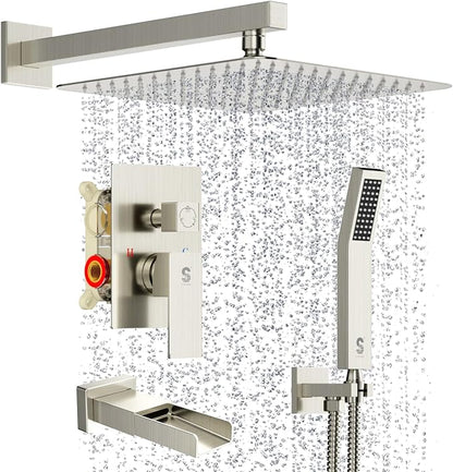 SR SUN RISE 12 Inch All Metal Square Shower System with Tub Spout, Tub Shower Faucet Set, High Pressure Rain Shower Head and Handheld Sprayer Shower Fixtues, Valve Included, Brushed Nickel