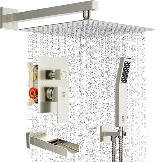 SR SUN RISE 12 Inch All Metal Square Shower System with Tub Spout, Tub Shower Faucet Set, High Pressure Rain Shower Head and Handheld Sprayer Shower Fixtues, Valve Included, Brushed Nickel